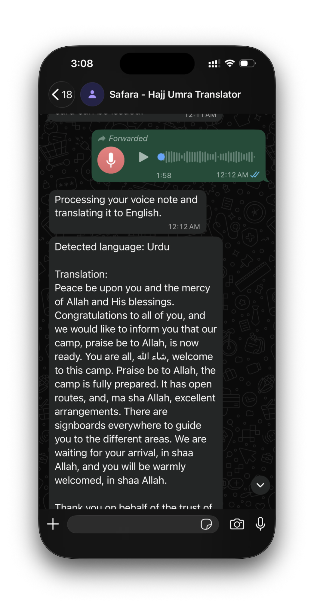 Safara translating a forwarded voice note into English